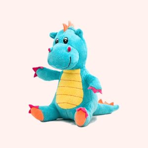 Teal plush dragon toy with yellow belly