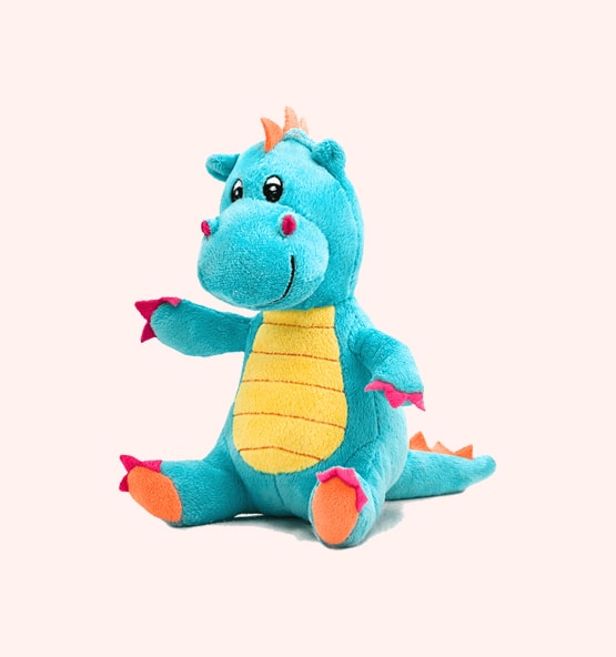 Teal plush dragon toy with yellow belly