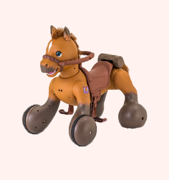 Brown ride-on toy horse with wheels