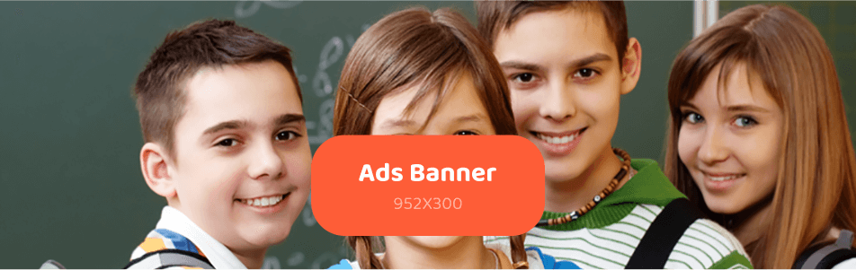 Smiling students with orange ad banner