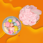 Colorful candy and a pink cupcake on a vibrant orange background.