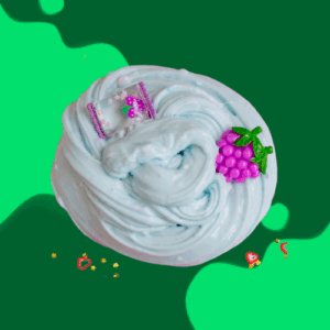 A swirl of light blue slime with small colorful charms on a green background.