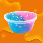 Colorful blue and pink slime in a small clear container.