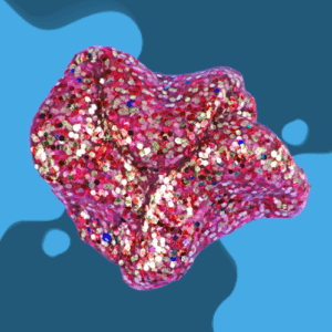 Colorful abstract shape with glittery texture on blue background.