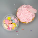 Pink frosted cupcake with colorful candy decorations in a clear box.