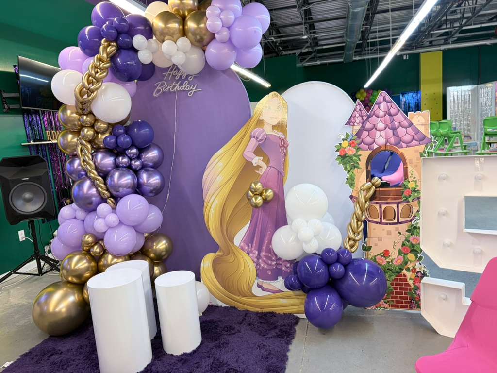Purple and gold Rapunzel birthday backdrop