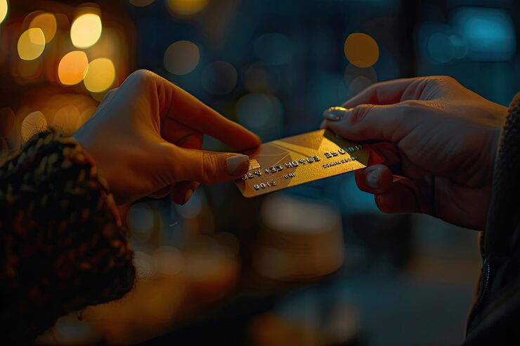 Hands exchanging credit card in warm bokeh