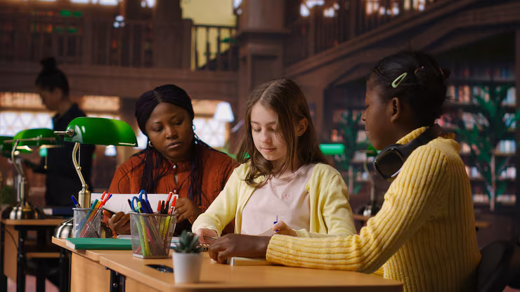 preteens girls their professor collaborating schoolwork library_482257 125468